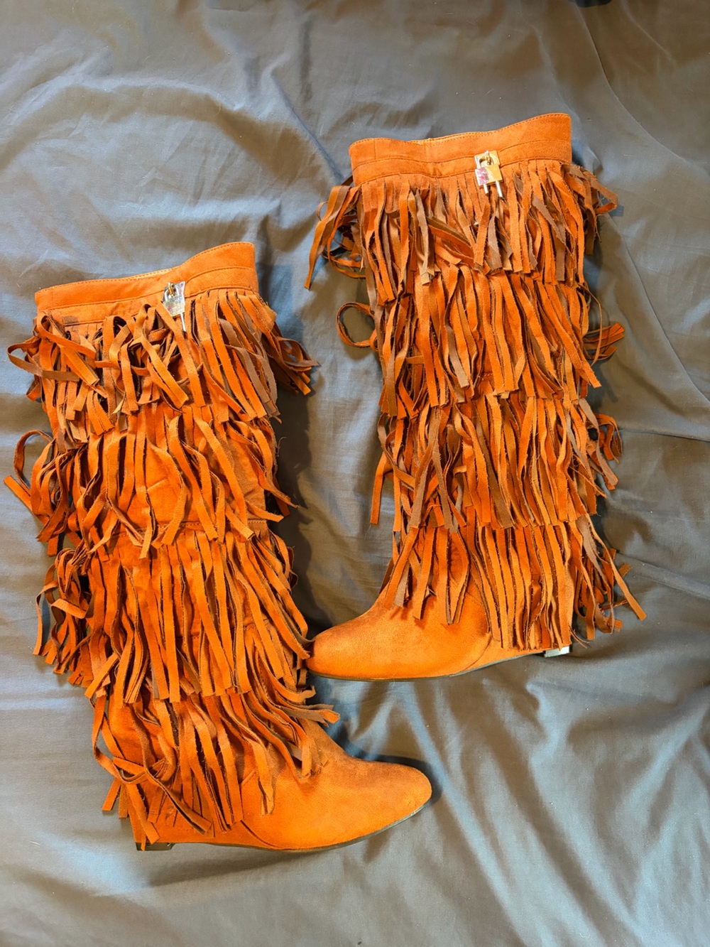 Fringed Suede Tall Boots - Orange